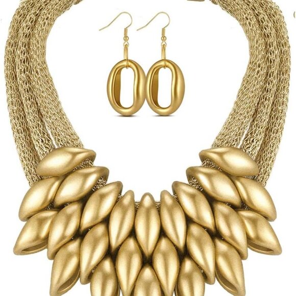 Gold African Bib Tassel Choker Necklace and Earrings Set, Tribal Ethnic Style, C - Picture 1 of 9